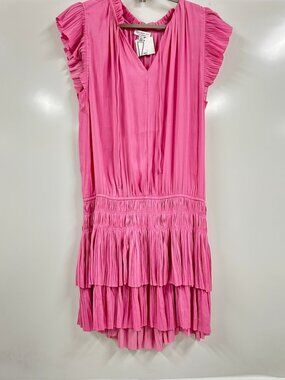 Current Air Pink Ruffle Dress Size L Smocked Waist Tiered Flowy Feminine Barbie
